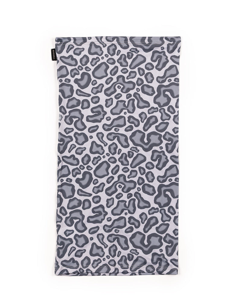 The Choona Grayton Sun Mask is an ultra-lightweight, rectangular light gray neck gaiter with a dark gray and black abstract leopard print, ideal for outdoor sun protection and shown laid flat on a white background.