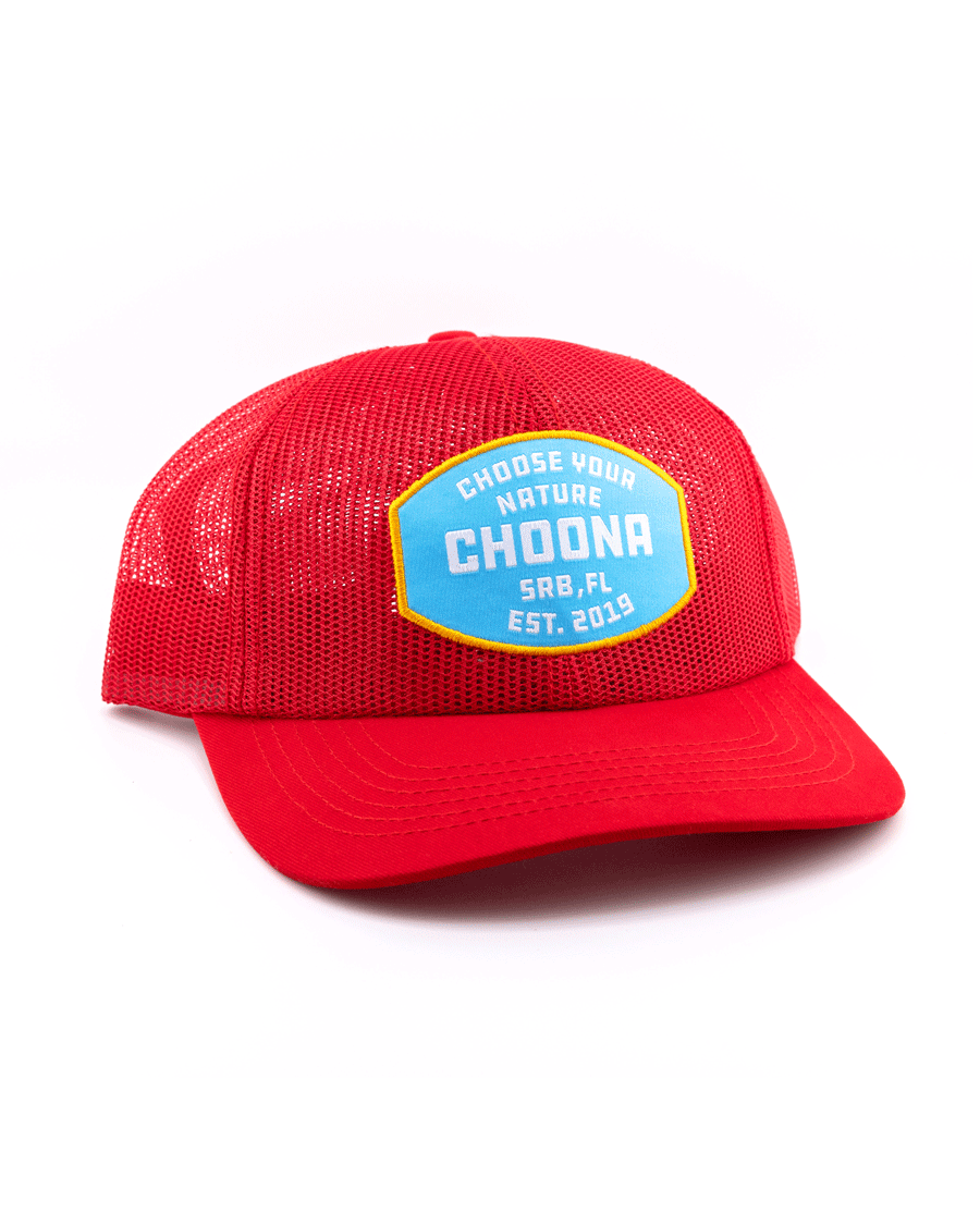 The Breezy Snapback - Red by Choona is an unstructured mesh baseball cap featuring a blue front patch with “CHOOSE YOUR NATURE CHOONA SRB, FL EST. 2019” in white and yellow, shown on a white background.