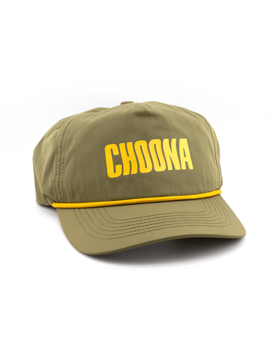 The Choona Wavy Snapback is an olive green baseball cap with quick-dry fabric, bold yellow CHOONA lettering on the front, and a yellow trim—ideal for your next coastal adventure.