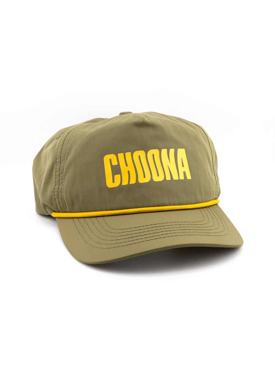 The Choona Wavy Snapback is an olive green baseball cap with quick-dry fabric, bold yellow CHOONA lettering on the front, and a yellow trim—ideal for your next coastal adventure.