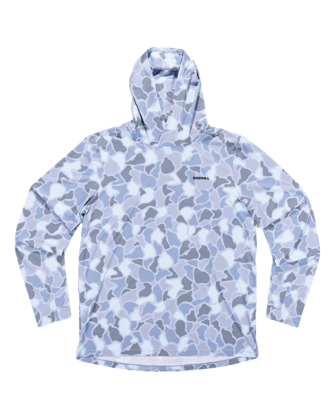 The Choona Grayton Ultra-Lightweight Hoodie features long sleeves, a light blue and gray camo pattern, "CHOKA" text, and a small left chest graphic.