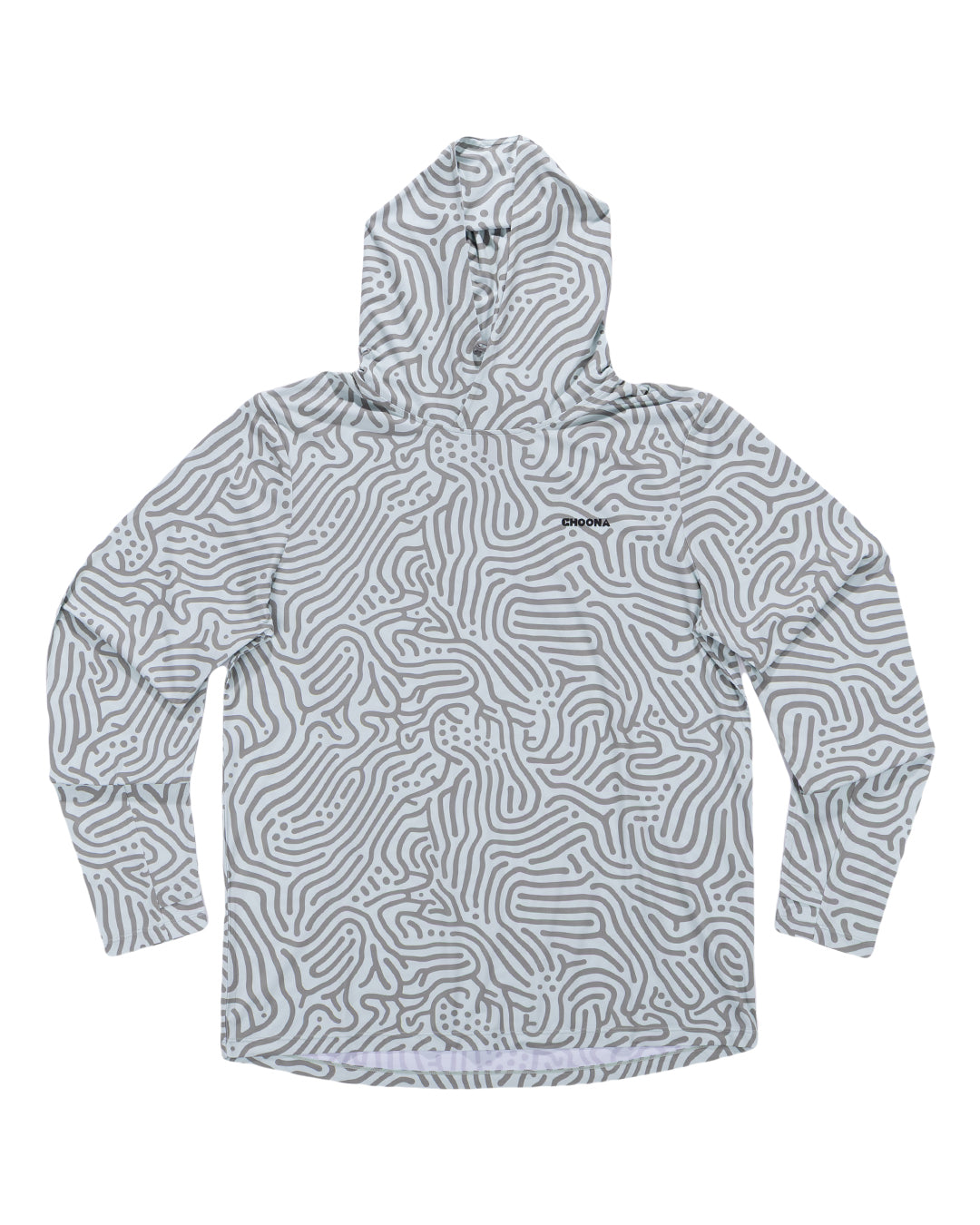 The Choona Grayton Ultra-Lightweight Hoodie features long sleeves, a gray and white abstract maze-like pattern, a small left chest logo, and is shown laid flat on a white background.