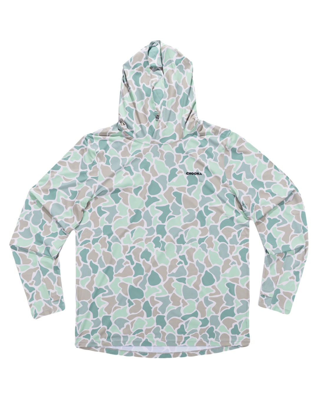 The Choona Grayton Ultra-Lightweight Hoodie features a hooded long-sleeve design and an abstract camo pattern in light green, gray, and beige, plus a subtle crook logo on the upper left chest.