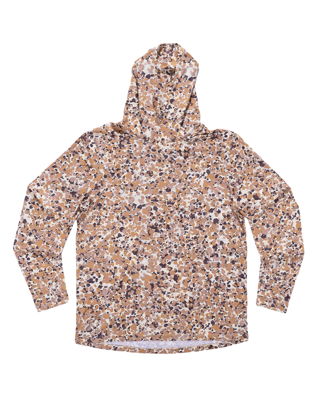 The Choona Grayton Ultra-Lightweight Hoodie features long sleeves and an abstract brown, tan, white, and black camo pattern, shown laid flat on a white background.