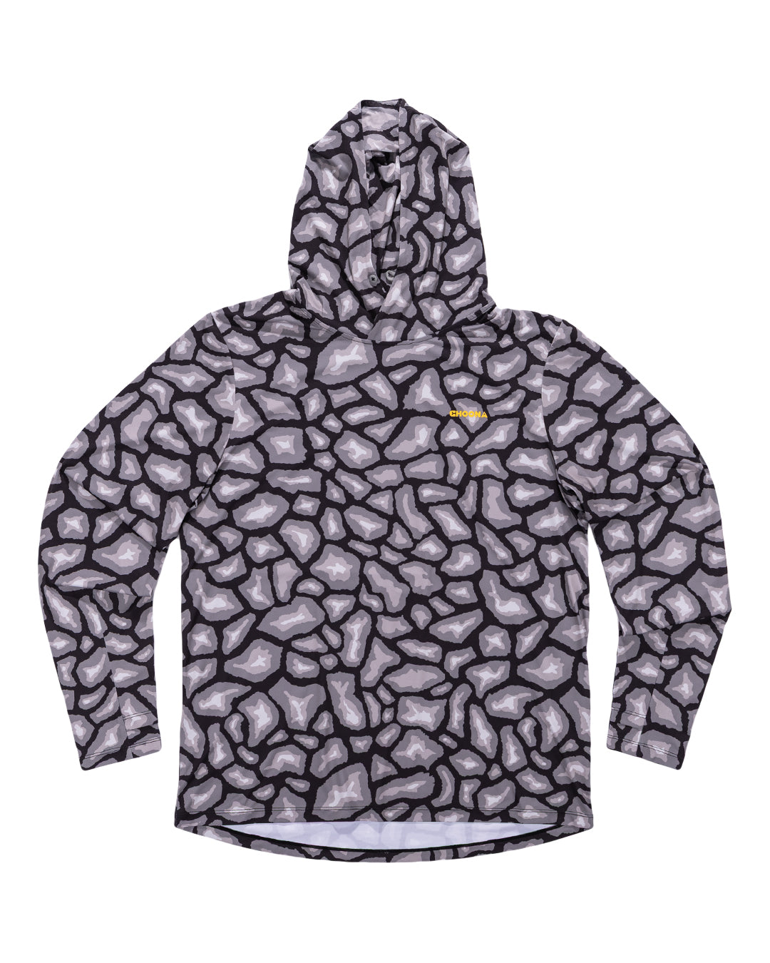 The Choona Grayton Ultra-Lightweight Hoodie features long sleeves, an all-over gray and black stone pattern, and a small yellow logo on the left chest.
