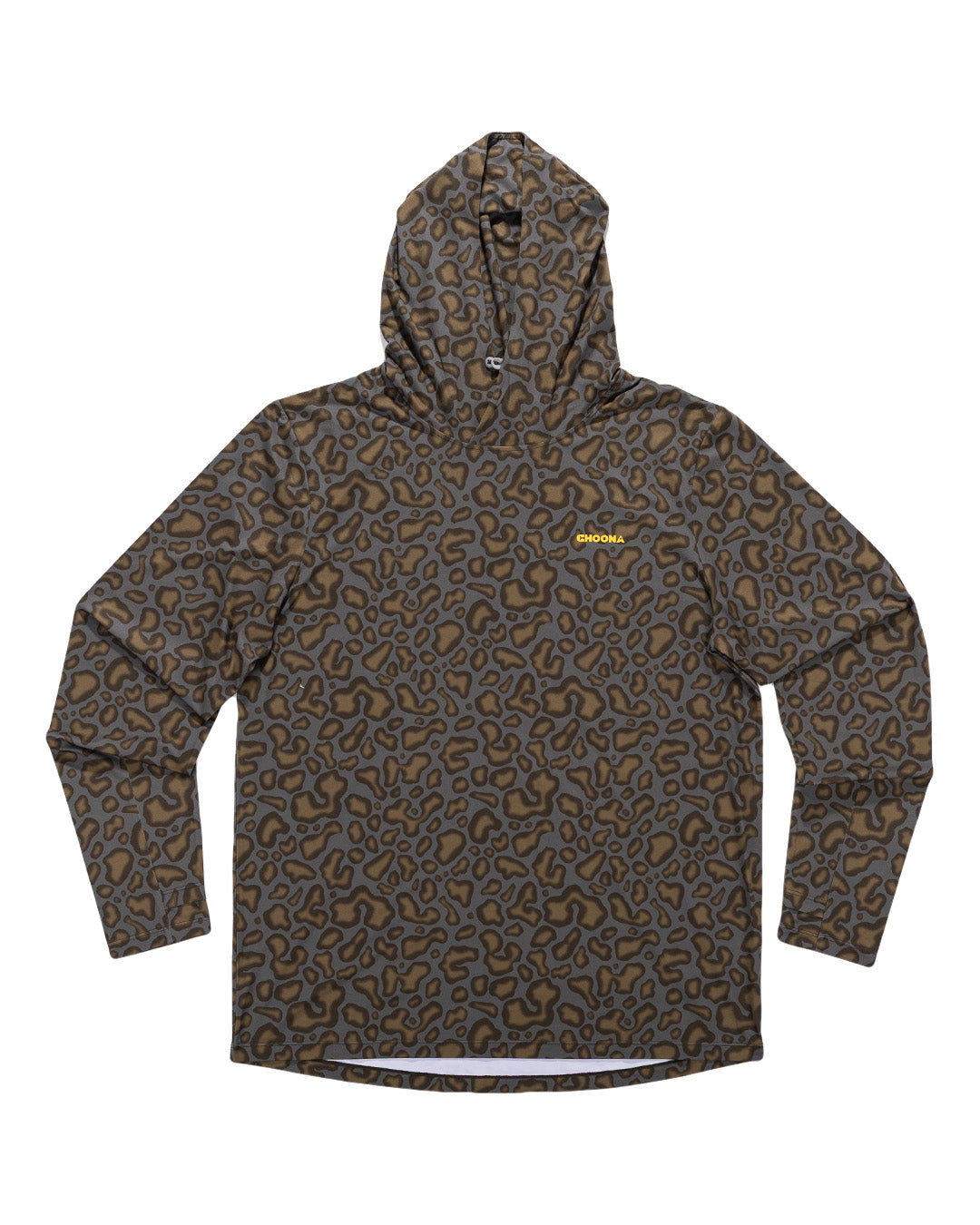The Choona Grayton Ultra-Lightweight Hoodie features long sleeves, a gray and brown abstract pattern, and a small yellow Simms logo on the left chest.