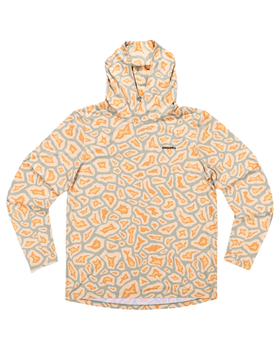 The Choona Grayton Ultra-Lightweight Hoodie showcases an abstract orange and gray pattern on a light background, complete with a small logo on the left chest.
