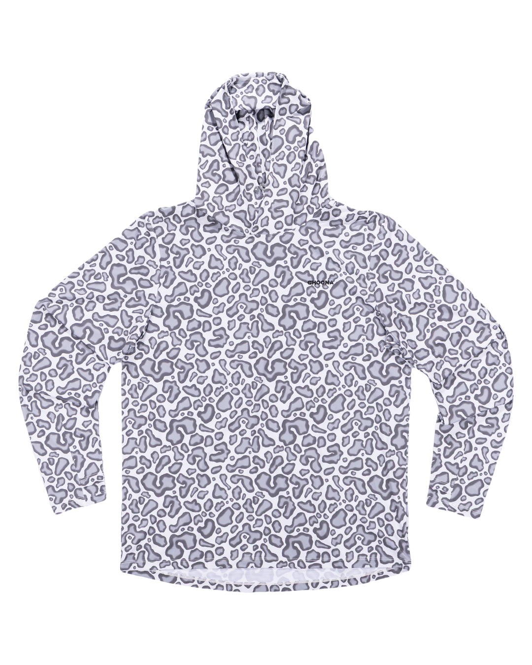 The Choona Grayton Ultra-Lightweight Hoodie features long sleeves and an abstract gray and white leopard-spot pattern, shown laid flat on a white background.