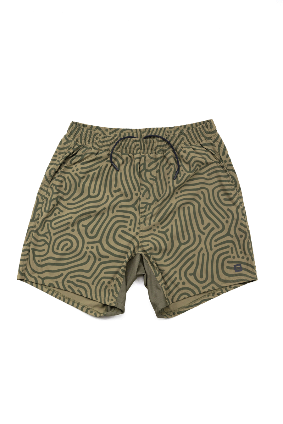 Choona Shore Short swim shorts in olive green feature a black abstract maze pattern, elastic waistband, and black drawstring—ideal for coastal activities. Shown laid flat on a white background.