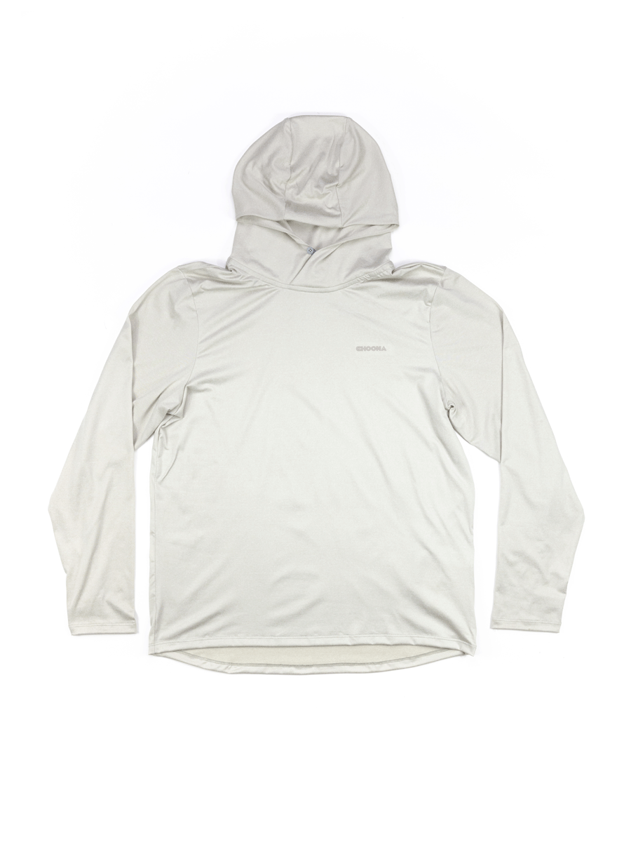 The Choona Grayton Ultra-Lightweight Hoodie is shown laid flat on a white background with its hood at the top and sleeves outstretched. This light gray hoodie features breathable performance and a simple, minimal design.