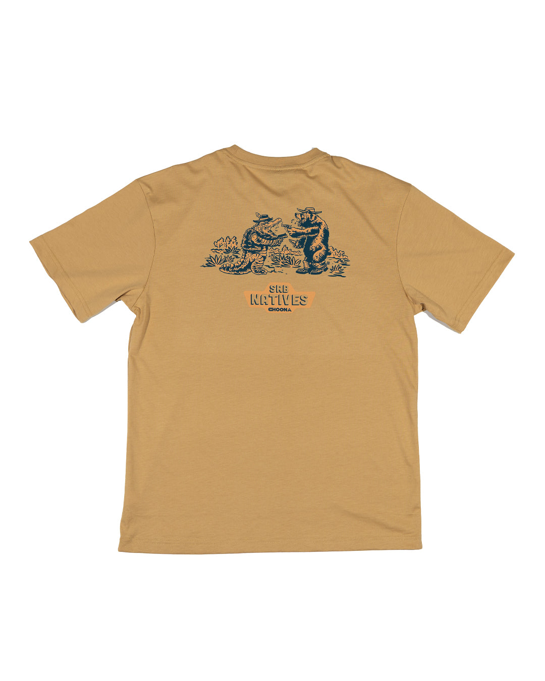 The SRB Natives Graphic Tee by Choona is a tan short-sleeve shirt made from soft Pima Cotton, featuring dark blue line art of a bear and alligator pointing weapons at one another in the desert, above the words SRB NATIVES—ideal for Santa Rosa Beach adventures.
