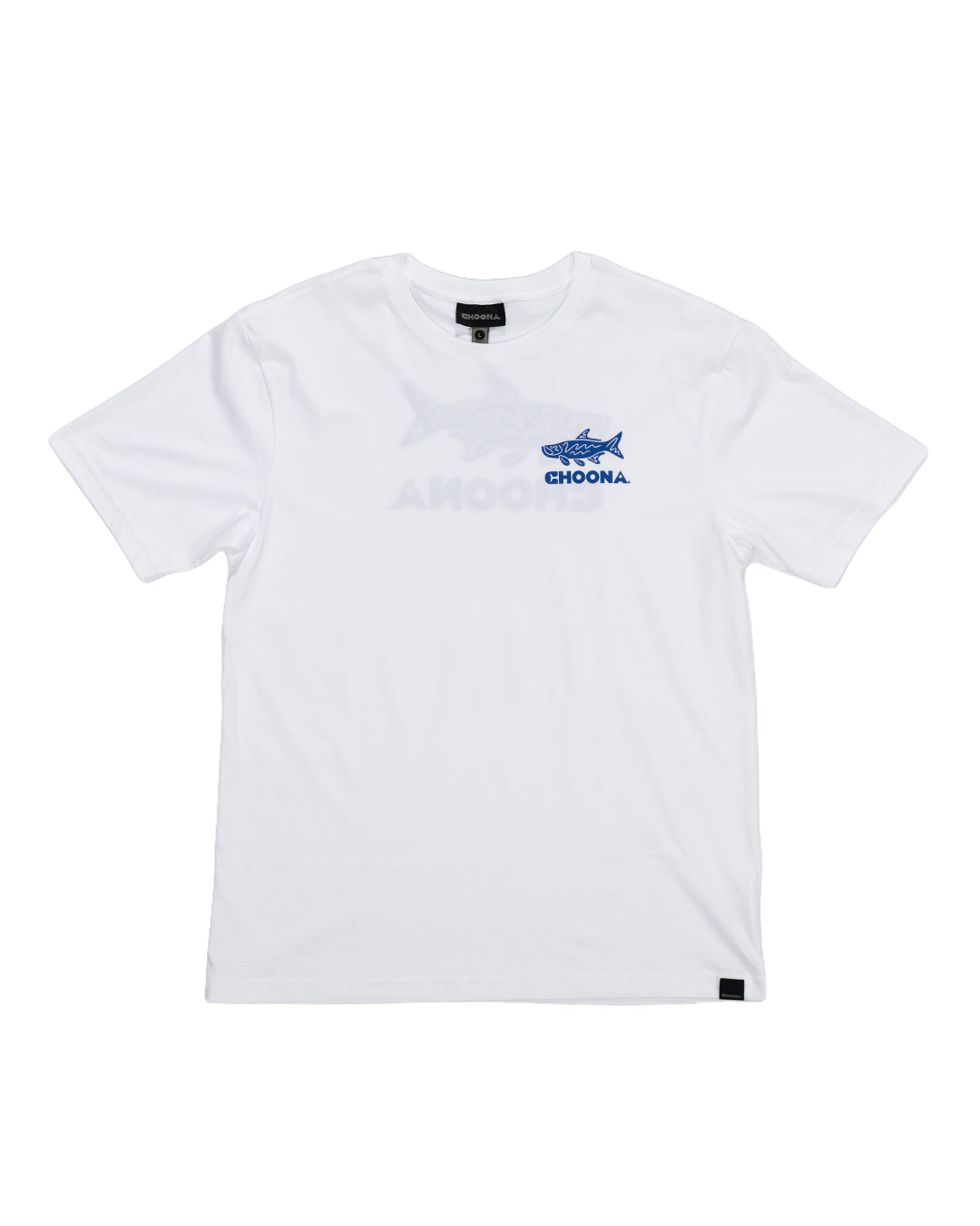 The Choona Tarpon Graphic Tee is a white shirt with a blue tarpon, "CHOONA" text, and a faint larger fish plus reversed lettering—ideal for fans of unique fishing apparel.