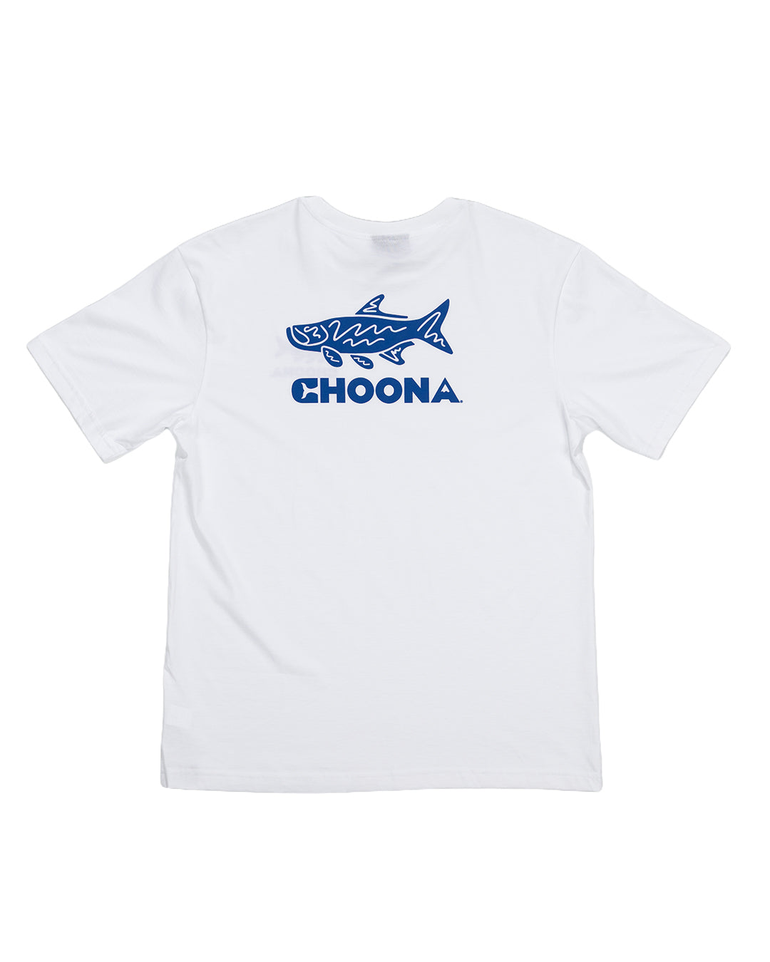 The Choona Tarpon Graphic Tee is a white shirt with a bold blue abstract tarpon graphic above "CHOONA" in blue capital letters—ideal for fans of unique fishing apparel.