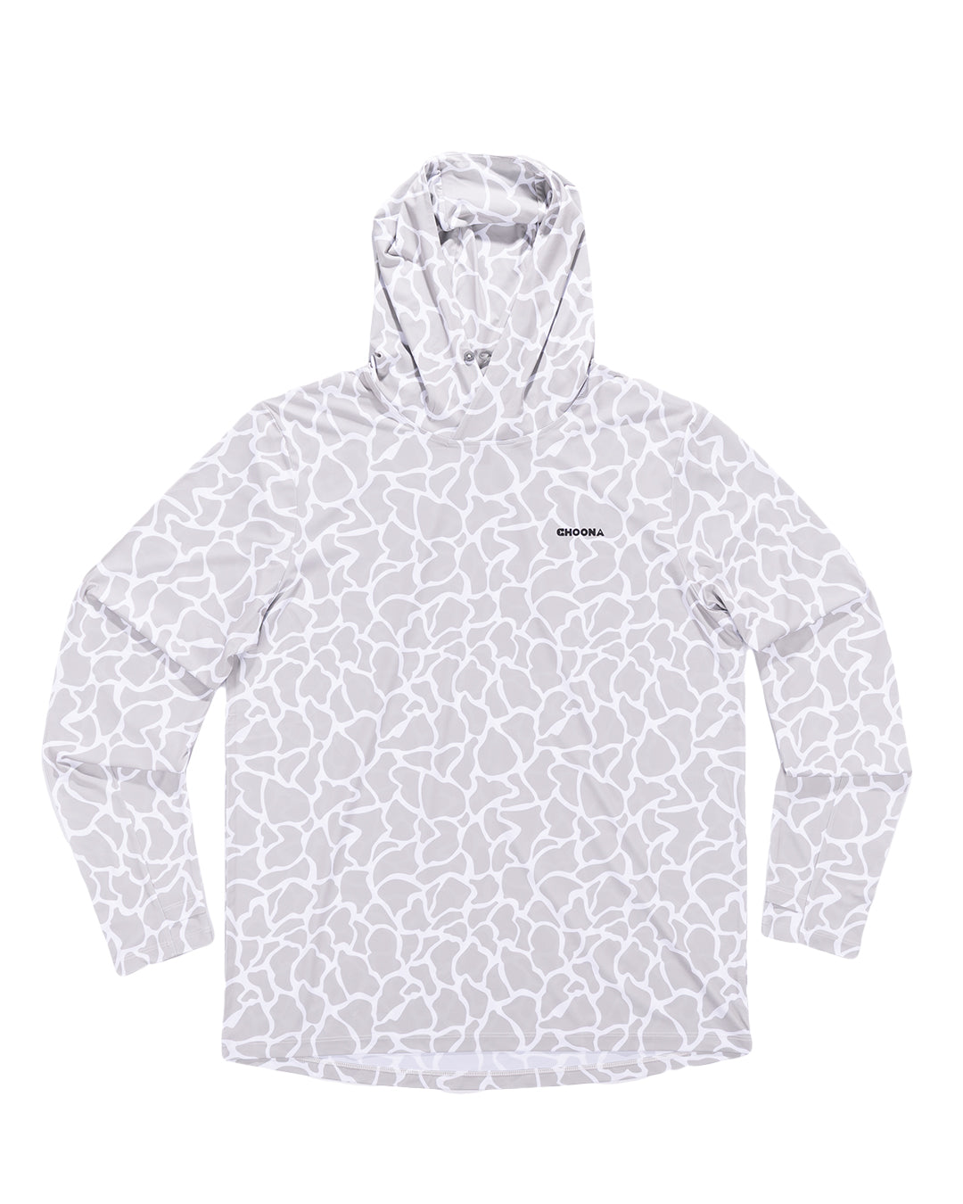 The Choona Grayton Ultra-Lightweight Hoodie features long sleeves, a light gray and white abstract pattern, and a small CHROMA logo on the left chest. Shown laid flat on a white background.