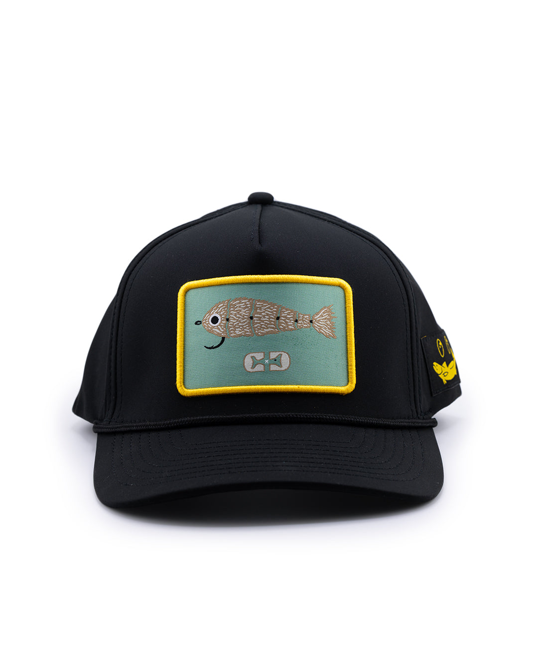 Choona X Dent Redfish Snapback by Choona: black snapback with an embroidered redfish patch featuring two chain links, a yellow border, and a small yellow side logo.