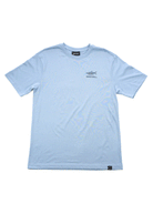 The Choona Tarpon Graphic Tee is a light blue, short-sleeve shirt made from 100% Pima cotton, featuring a small screen-printed tarpon graphic and “CHOONA” on the left chest. Displayed flat against a white background.