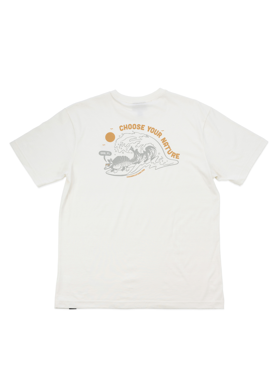 Choona Armachillo Graphic Tee with illustrated wave, surfboard, and orange CHOOSE YOUR NATURE text. Screen-printed on the upper back of this 100% Pima Cotton shirt.