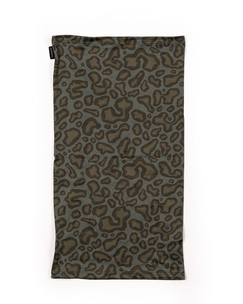 The Choona Grayton Sun Mask is an ultra-lightweight, olive green fabric tube with a dark brown and black leopard print, offering stylish outdoor protection. Shown flat on a white background.