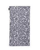 The Choona Grayton Sun Mask is an ultra-lightweight, rectangular light gray neck gaiter with a dark gray and black abstract leopard print, ideal for outdoor sun protection and shown laid flat on a white background.
