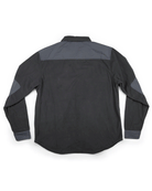 The Choona Skipper Shacket is a long-sleeve black shirt with gray shoulder, elbow, and cuff accents, made from recycled polyester for cold weather. Shown flat and photographed from the back.