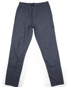 The Choona Drifter Pant in dark gray is lightweight, features full-length four-way stretch fabric, zippered side pockets, and an elastic waistband, shown laid flat on a white background.
