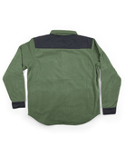 The Choona Skipper Shacket is a long-sleeve green fleece with black shoulder yoke and cuffs, made from recycled polyester; shown flat, back facing up—a perfect cold weather piece.