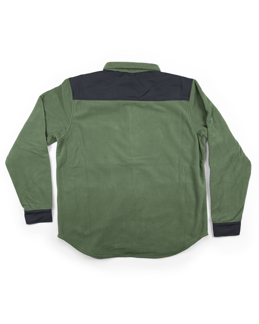 The Choona Skipper Shacket is a long-sleeve green fleece with black shoulder yoke and cuffs, made from recycled polyester; shown flat, back facing up—a perfect cold weather piece.