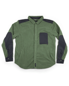 A green Choona Skipper Shacket with long sleeves, button-up front, and black accents on shoulders, elbows, and chest pocket—made from recycled polyester—is laid flat on a white background.