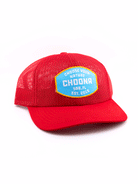 The Breezy Snapback - Red by Choona is an unstructured mesh baseball cap featuring a blue front patch with “CHOOSE YOUR NATURE CHOONA SRB, FL EST. 2019” in white and yellow, shown on a white background.