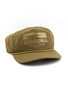The Dune Lake Snapback by Choona is an olive-green cap with a flat brim, yellow graphic of hills and dune lakes, CHOONA above the slogan Choose Your Nature, yellow brim accent, and UV Lite protection.