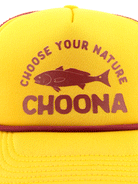 The Choona Redfish Foam Snapback is a yellow cap with maroon CHOOSE YOUR NATURE CHOONA text and a fish illustration between the lines, offering throwback style and a modern fit.