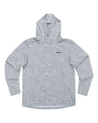The Choona Grayton Ultra-Lightweight Hoodie features long sleeves, a gray and white abstract maze-like pattern, a small left chest logo, and is shown laid flat on a white background.