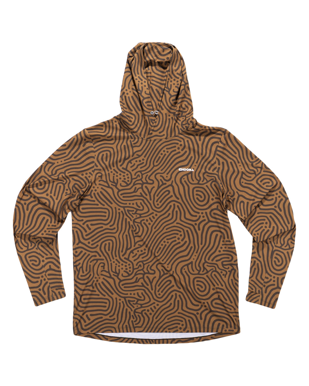 The Choona Grayton Ultra-Lightweight Hoodie features a brown color, hood, long sleeves, black abstract maze pattern, and a small white logo on the left chest. This breathable hoodie is shown laid flat on a white background.