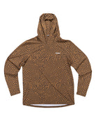 The Choona Grayton Ultra-Lightweight Hoodie features a brown color, hood, long sleeves, black abstract maze pattern, and a small white logo on the left chest. This breathable hoodie is shown laid flat on a white background.