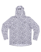 The Choona Grayton Ultra-Lightweight Hoodie features long sleeves and an abstract gray and white leopard-spot pattern, shown laid flat on a white background.