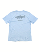 The Choona Tarpon Graphic Tee is a light blue, short-sleeve t-shirt with a large gray shark graphic and CHOONA screen-printed on the back, made from 100% Pima Cotton for softness—perfect for fans of Tarpon Graphic Tee styles.
