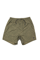 Choona Shore Short swim shorts in olive green feature a black abstract maze pattern, elastic waistband, and black drawstring—ideal for coastal activities. Shown laid flat on a white background.