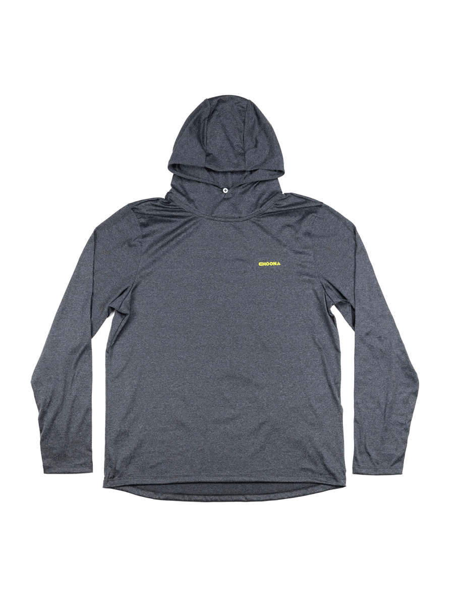 The Grayton Ultra-Lightweight Hoodie by Choona is a long-sleeve, dark gray hoodie with a small yellow CHOONA logo on the left chest. It offers a relaxed fit and breathable, athletic performance.