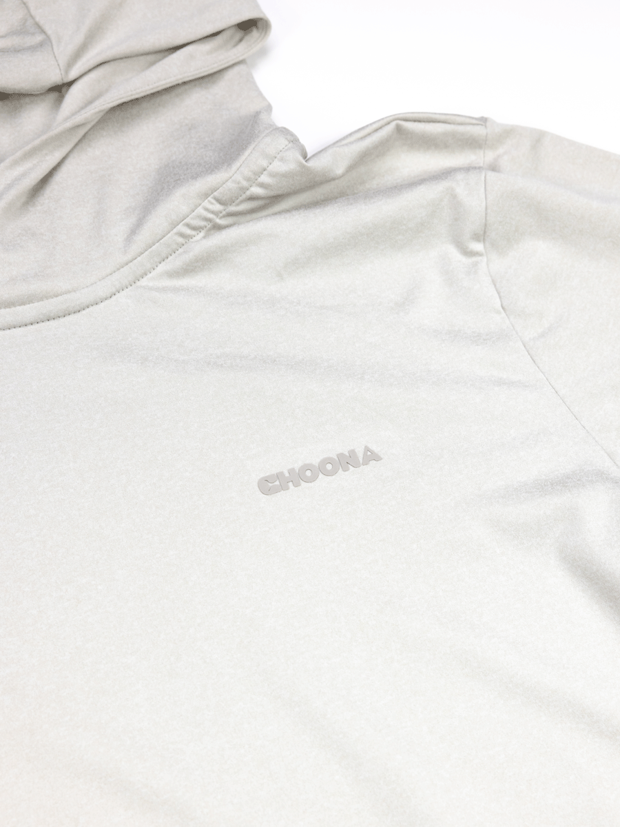 The Choona Grayton Ultra-Lightweight Hoodie in light gray, made with Breathable Performance fabric and CHOONA printed on the chest in matching gray, is displayed flat on a white surface.