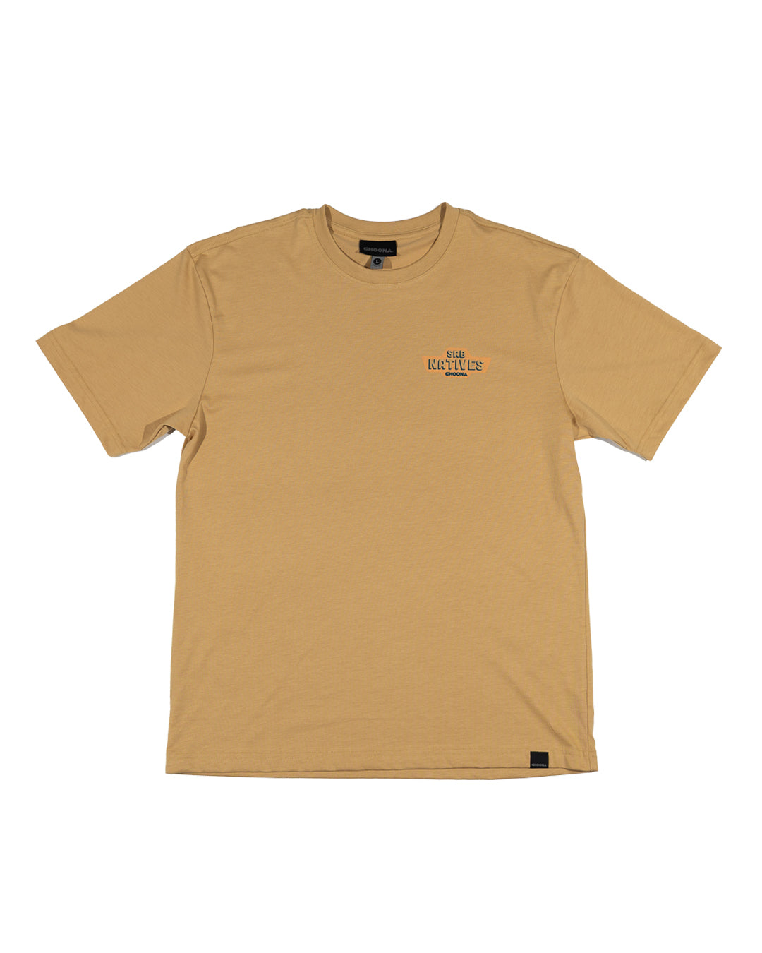 The Choona SRB Natives Graphic Tee is a plain beige cotton short-sleeve shirt featuring a small red and yellow Natives logo on the left chest. Shown on a white background, it’s perfect for casual days in Santa Rosa Beach.
