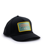 The Choona X Dent Redfish Snapback by Choona is a black moisture-wicking cap with a yellow-bordered patch on the front, featuring a stylized fish on green and a small white logo below, offering both style and function.
