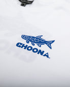 A close-up of the Tarpon Graphic Tee by Choona, showing a blue stylized fish above "CHOONA" in bold blue letters. Perfect for fishing fans, with the shirt tag partly visible at the top.
