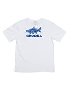 The Choona Tarpon Graphic Tee is a white shirt with a bold blue abstract tarpon graphic above "CHOONA" in blue capital letters—ideal for fans of unique fishing apparel.