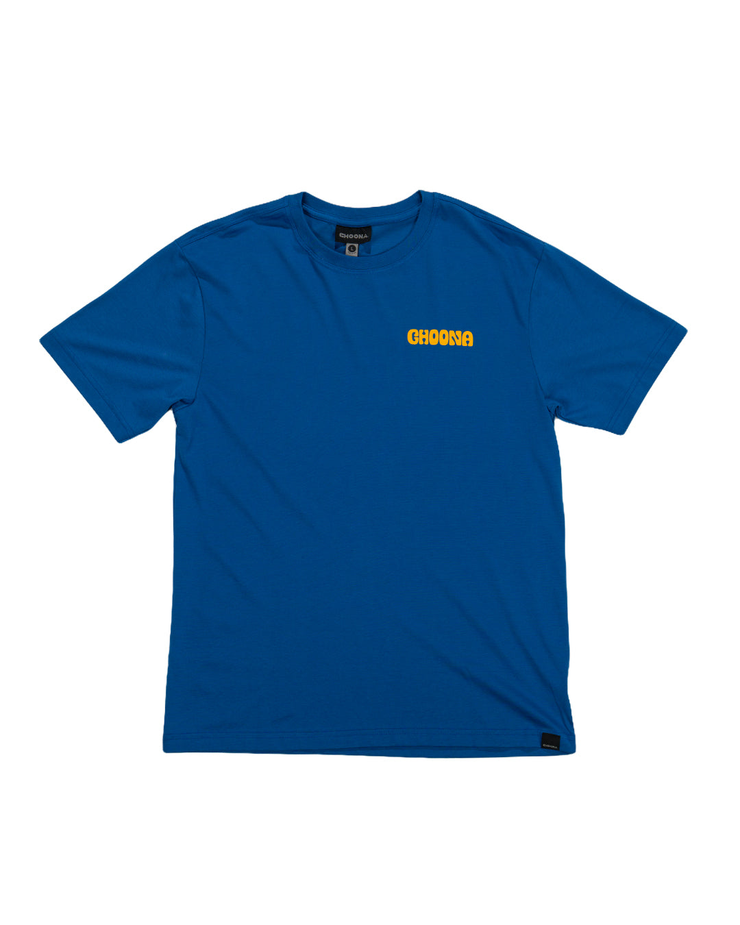 The Choona Swell Dweller Graphic Tee features bold yellow "CHOONA" lettering on the left chest. This classic surf-inspired blue shirt is displayed flat on a white background, highlighting its vibrant, timeless design.