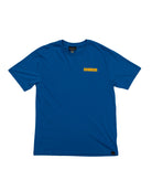 The Choona Swell Dweller Graphic Tee features bold yellow "CHOONA" lettering on the left chest. This classic surf-inspired blue shirt is displayed flat on a white background, highlighting its vibrant, timeless design.