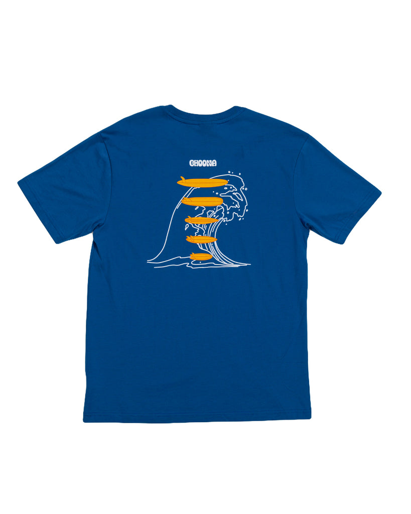 The Swell Dweller Graphic Tee by Choona features a white line wave graphic on the back with three orange whales and "CHOOOSE" printed above.