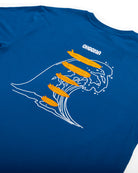 The Choona Swell Dweller Graphic Tee features a blue design with white line art waves, orange submarines, surf-inspired style, and "CHOONA" printed above—a perfect surfer shirt vibe.