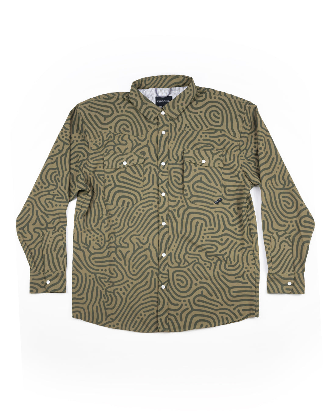 A Choona Panhandle Pearl Snap long-sleeve shirt with a green and black abstract pattern and two buttoned chest pockets, laid flat on white—a perfect coastal cowboy style.