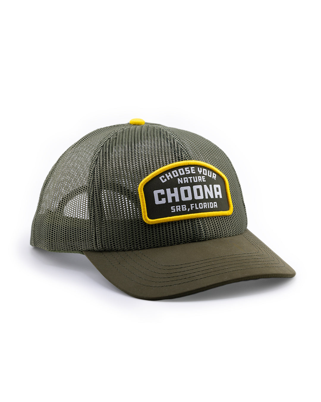 The Choona Evermesh Snapback in olive green features a mesh crown, adjustable snapback, and a yellow-accented front patch reading CHOOSE YOUR NATURE CHOONA SRB, FLORIDA for stylish all-day comfort.