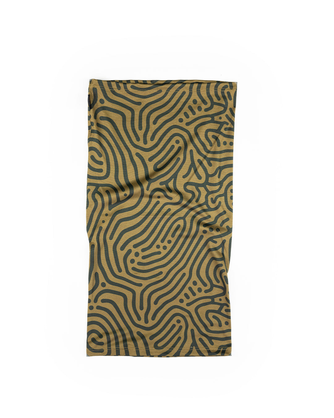 The Choona Grayton Sun Mask is an ultra lightweight rectangular fabric in olive green with wavy black topographic line patterns, shown flat on a white surface and designed for outdoor protection.